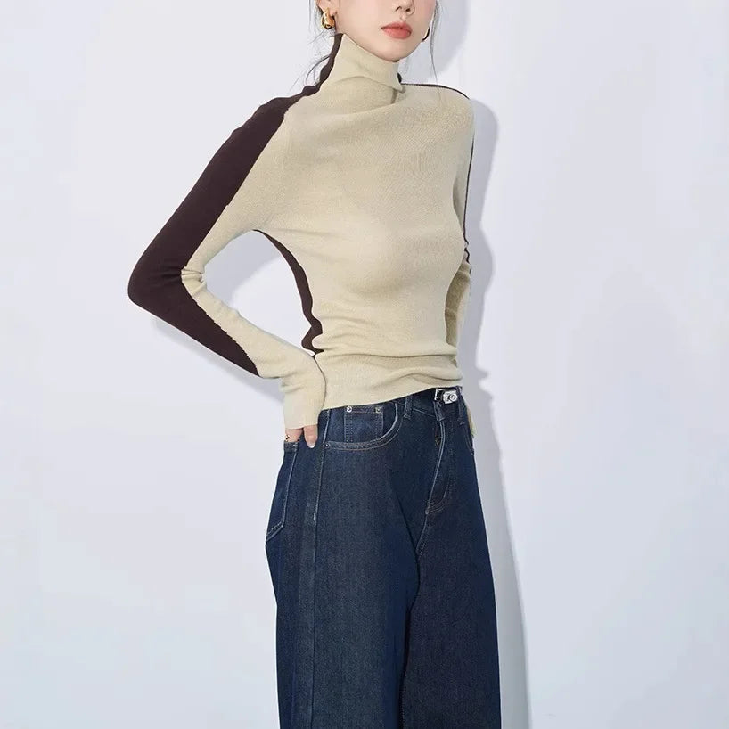 Colorblock Turtleneck Long Sleeve Slim Fit Top 3