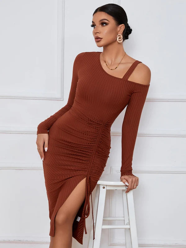 Cold Shoulder Long Sleeve Ruched High Split Ribbed Midi Dress 4