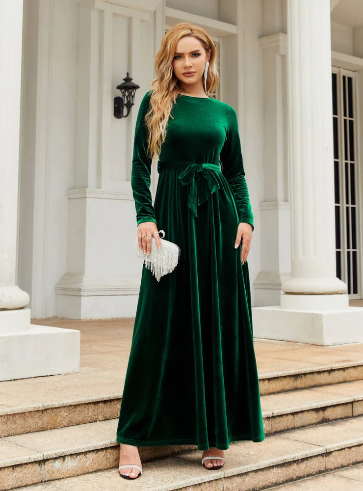 Round Neck Long Sleeve Belted Velvet Maxi Dress