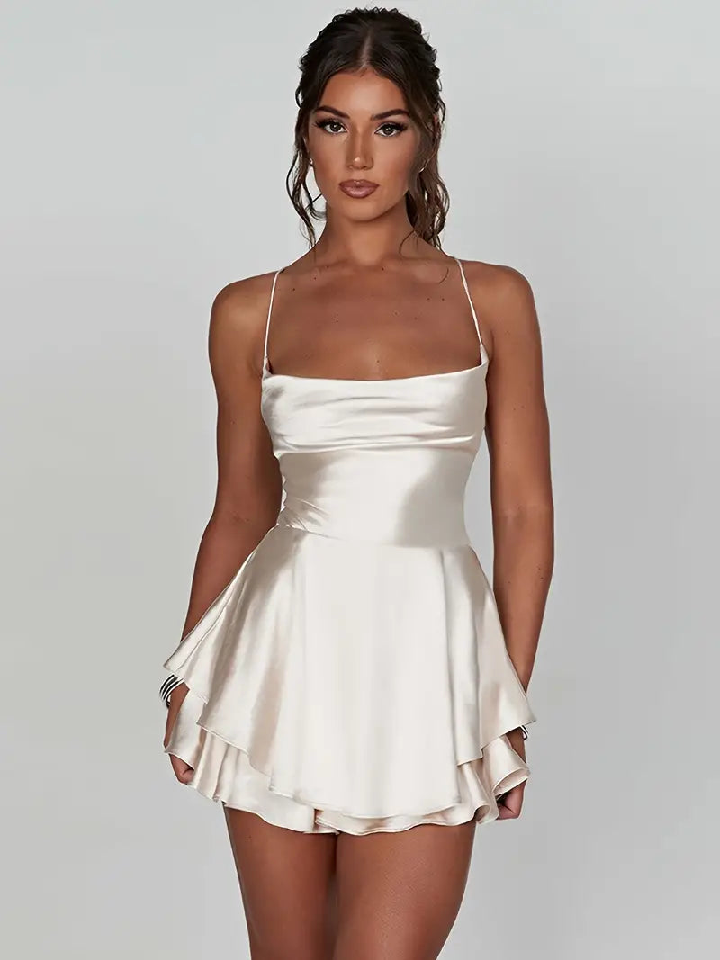 Satin Spaghetti Strap Tiered Ruffle Fit and Flare Mini Cocktail Dress - View 10