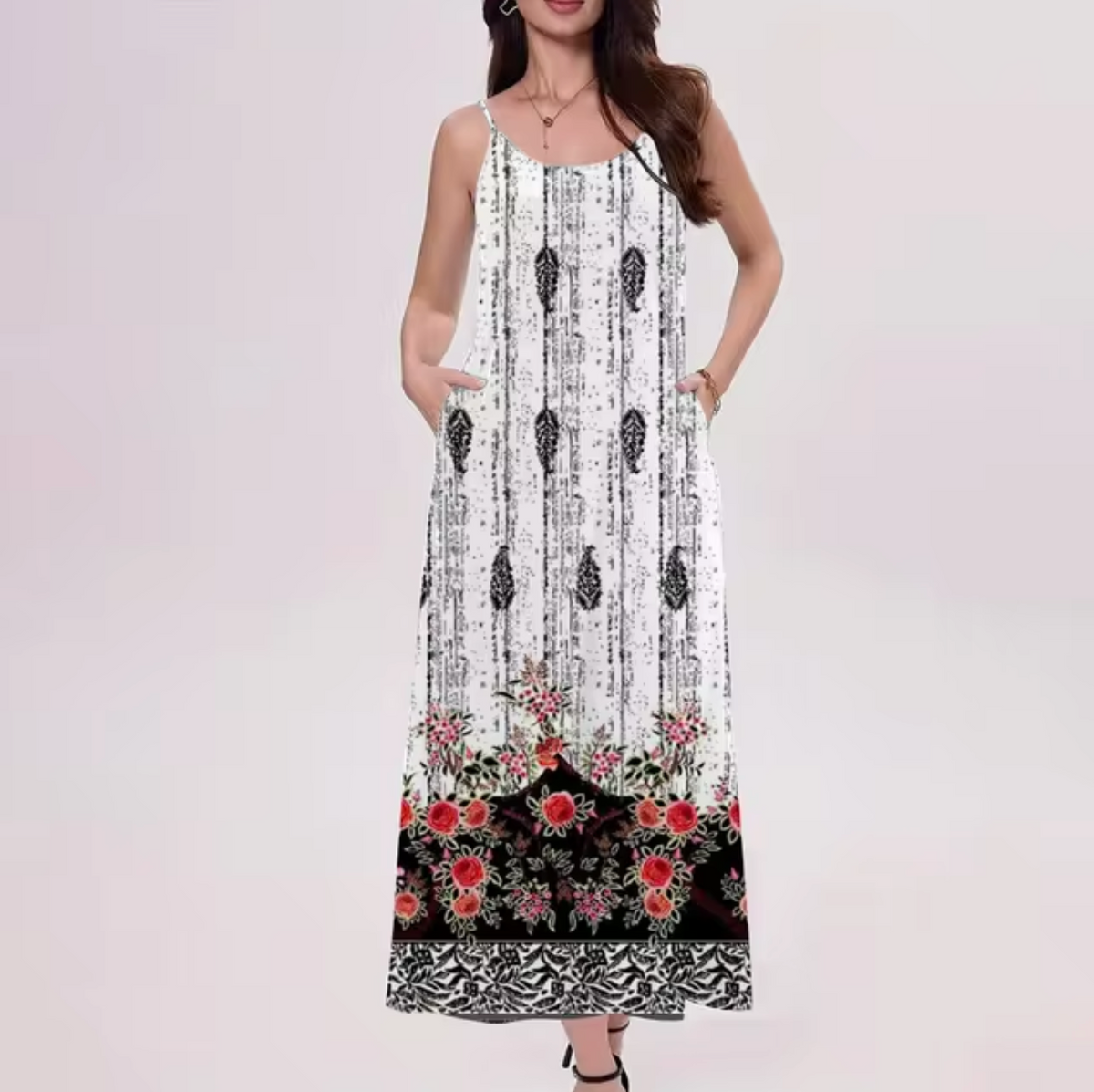 Floral Border Print Spaghetti Strap Scoop Neck A-Line Maxi Dress