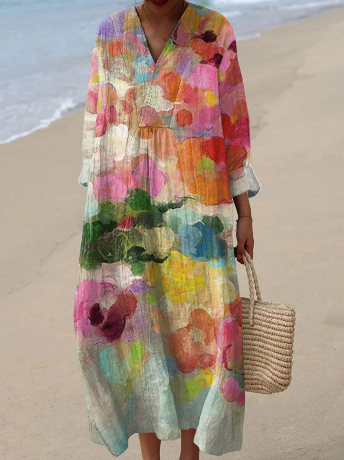 Watercolor Floral V-Neck Long Sleeve Maxi Dress