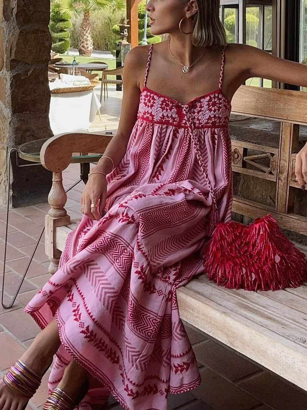 Ethnic Style Crochet Patchwork Knitted Slip Maxi Dress - View 2