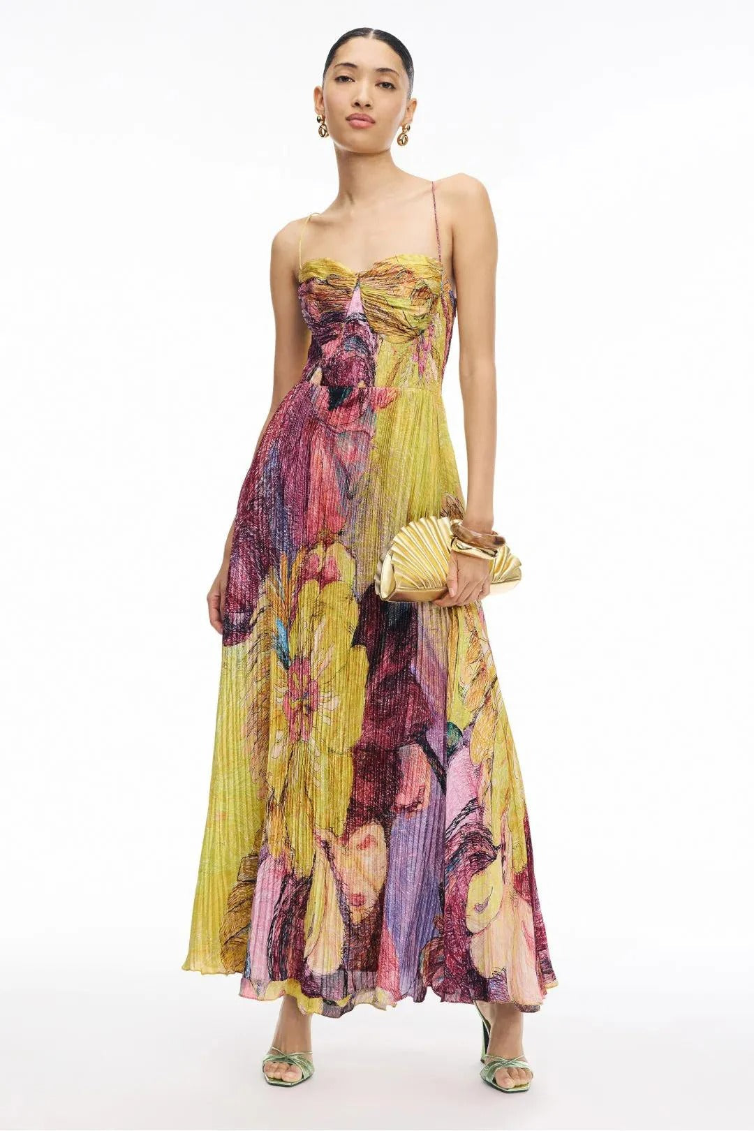 Floral Print Spaghetti Strap Bustier Pleated Maxi Dress 2