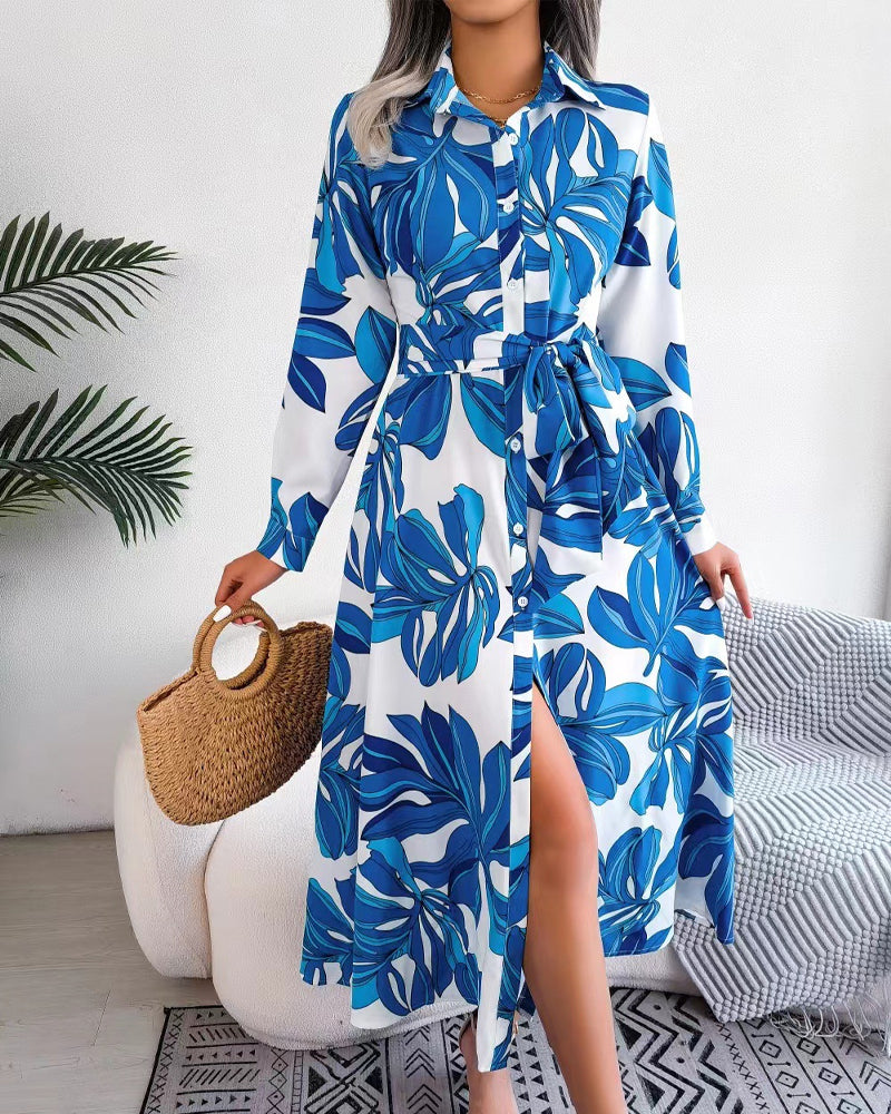 Tropical Leaf Print Collared Button Front Belted Shirt Maxi Dress