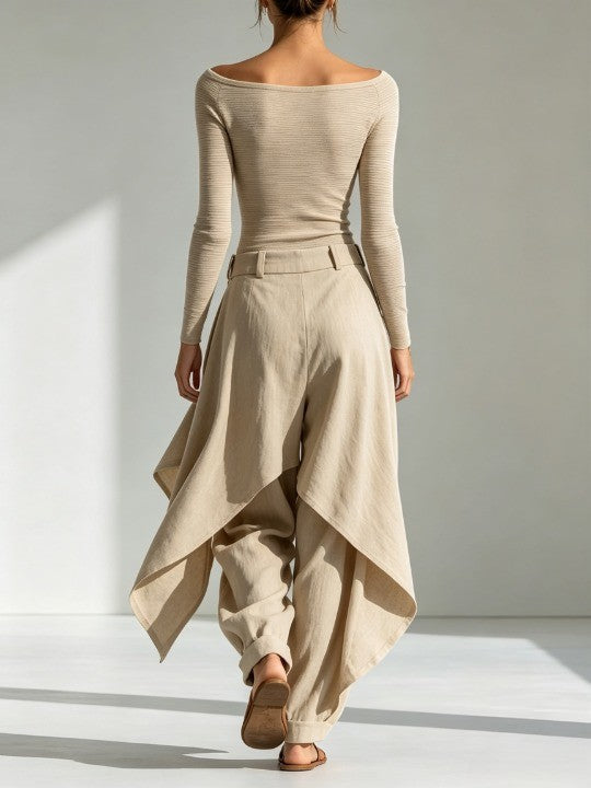 Boat Neck Long Sleeve Ribbed Top and Draped Wide Leg Pants Two Piece Set 2