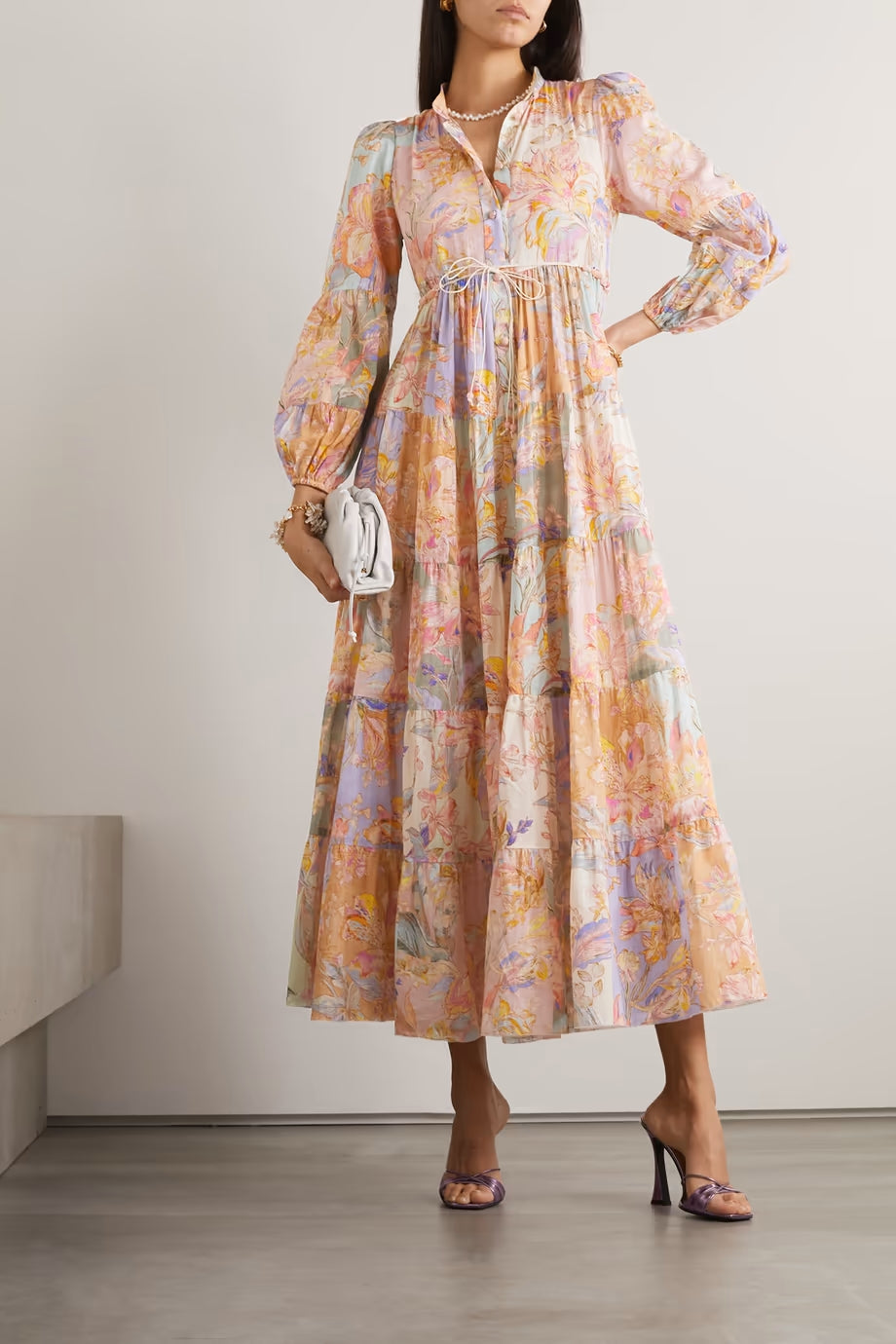 Floral Print Stand Collar V-Neck Button Down Midi Dress