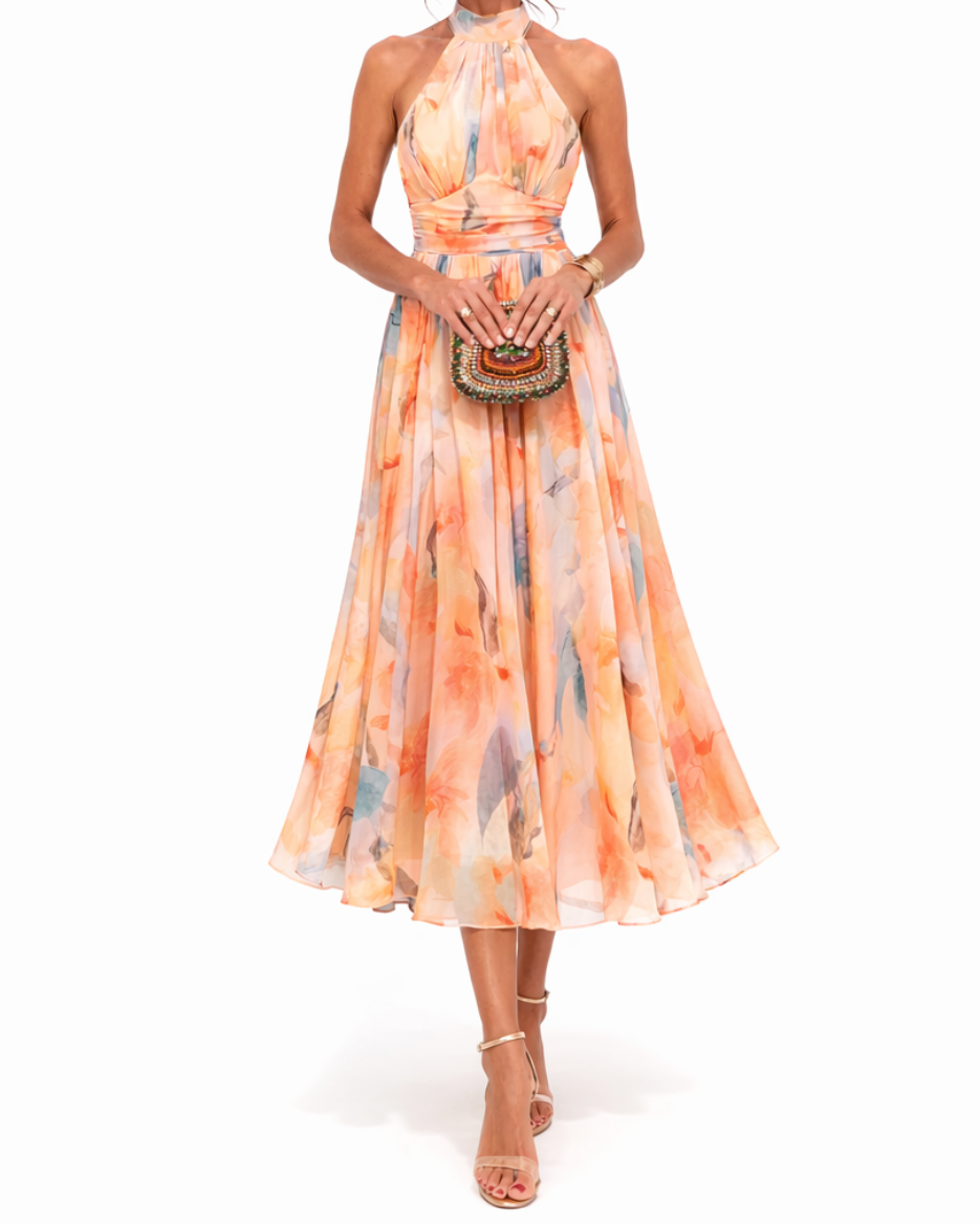 Floral Print Halter Neck Fit and Flare Maxi Dress 4
