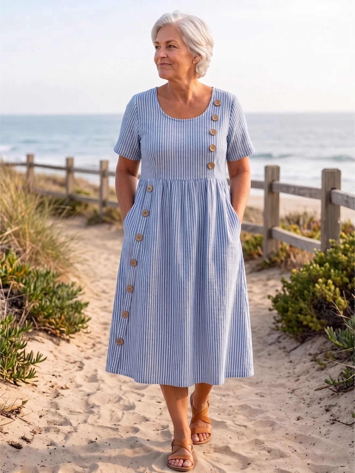 Round Neck Short Sleeve Striped Button Front Midi Dress
