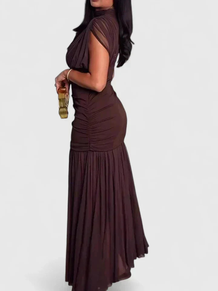 Mock Neck Cap Sleeve Ruched Mesh Maxi Gown 3