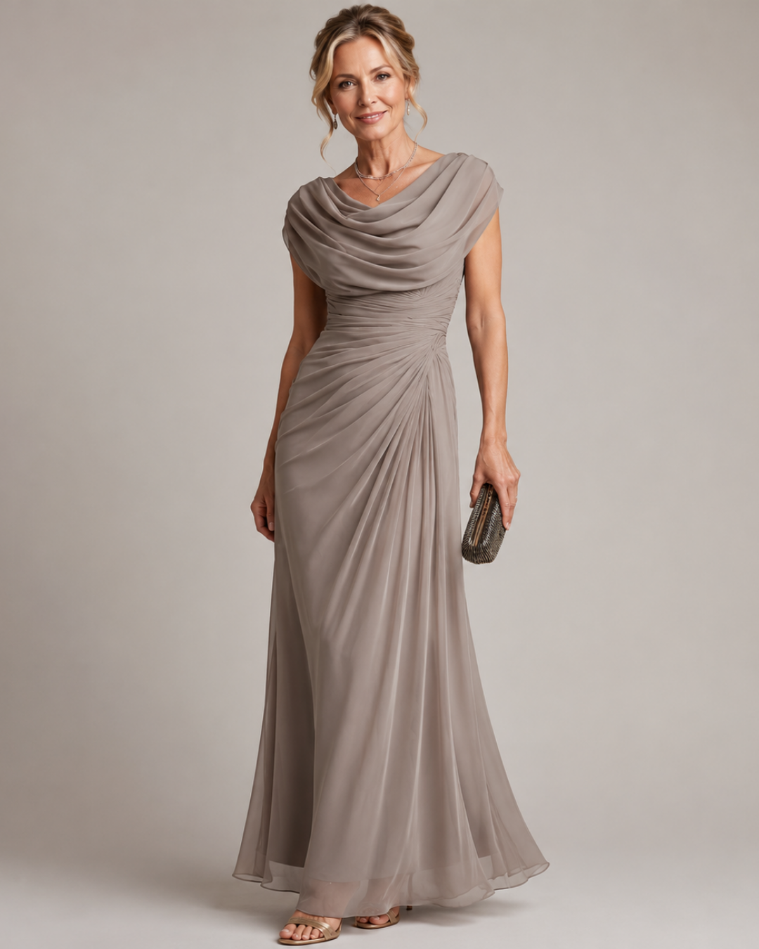 Cowl Neck Cap Sleeve Draped Chiffon Maxi Gown