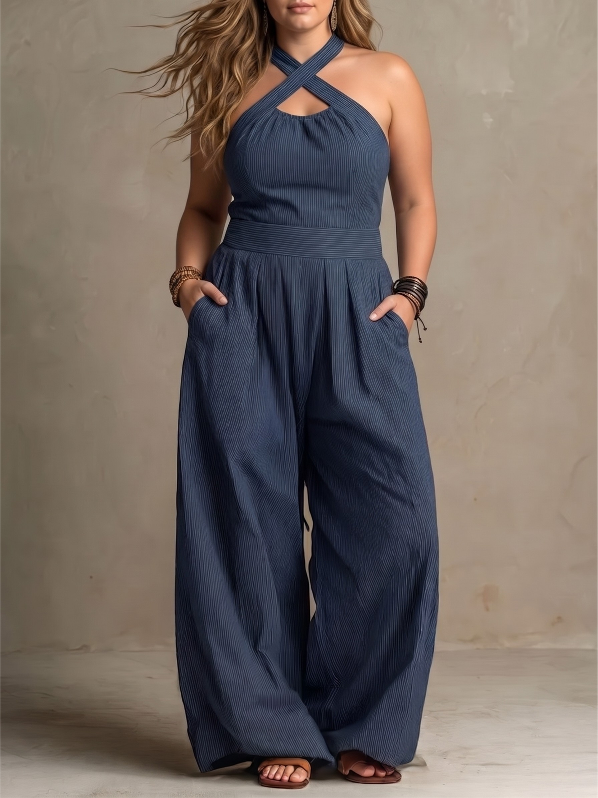 Pinstripe Cross Halter Neck Cut Out Wide Leg Jumpsuit 6
