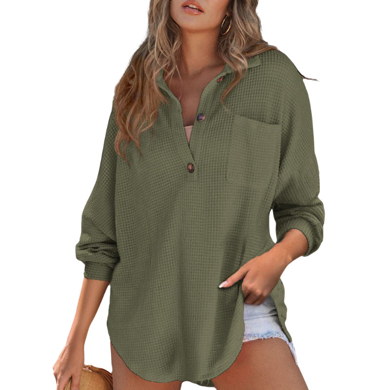Collared Button Front Waffle Knit Long Sleeve Pocket Top