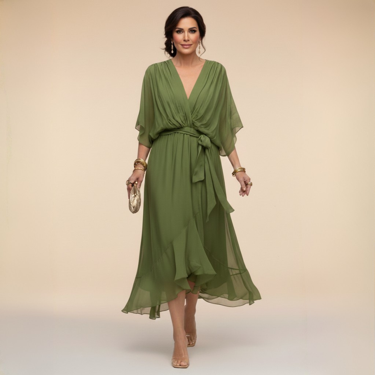 Chiffon Deep V-Neck Flutter Sleeve Tie Waist Ruffle Midi Dress 3