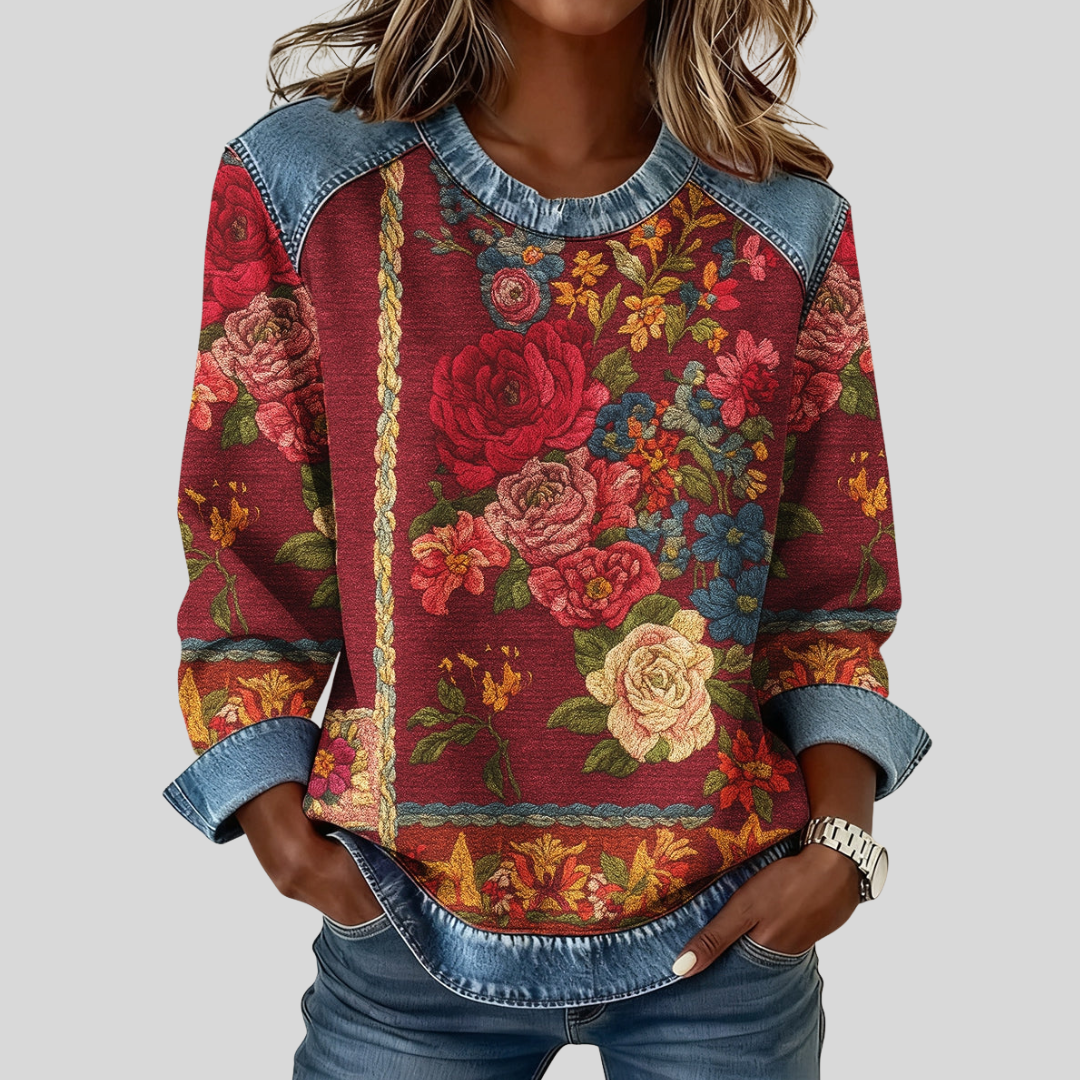 Floral Print Denim Look Trim Crew Neck Sweatshirt