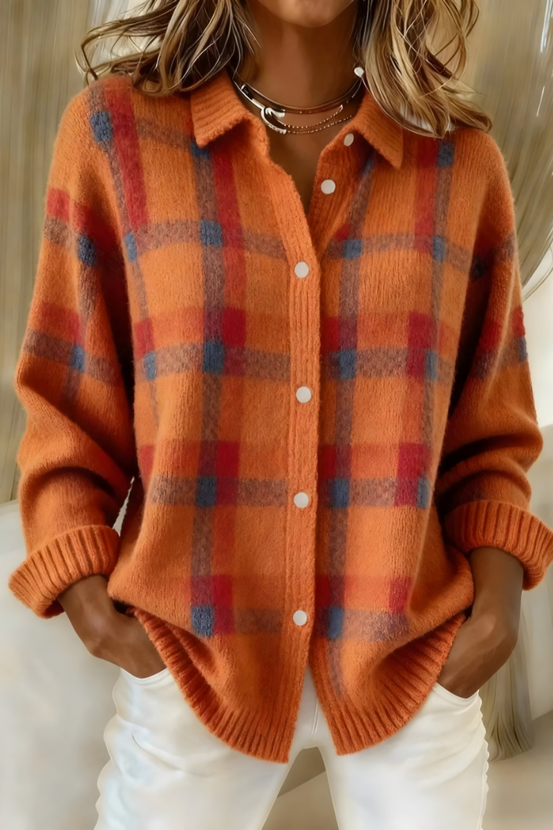 Plaid Collared Button Front Long Sleeve Knit Cardigan 3