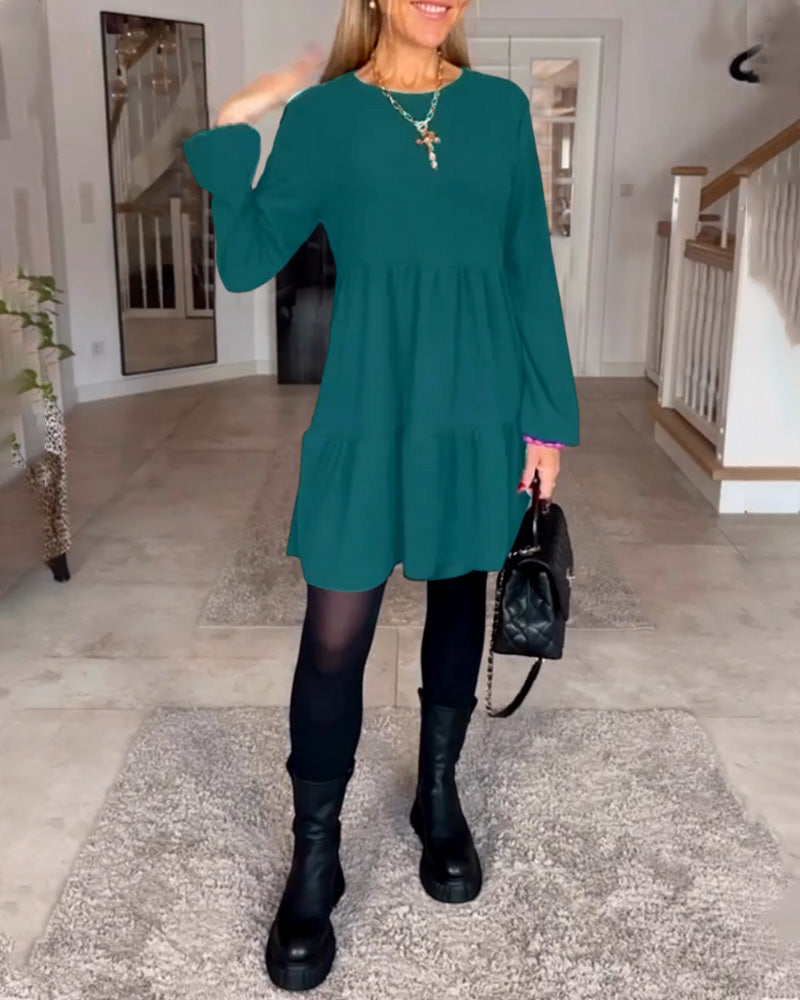 Long Sleeve Crew Neck Tiered Smock Babydoll Mini Dress - View 3