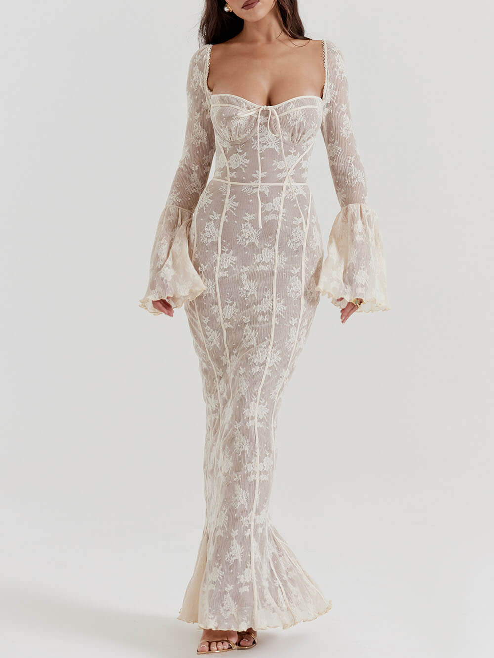 Vintage Cream Lace Maxi Dress - View 7