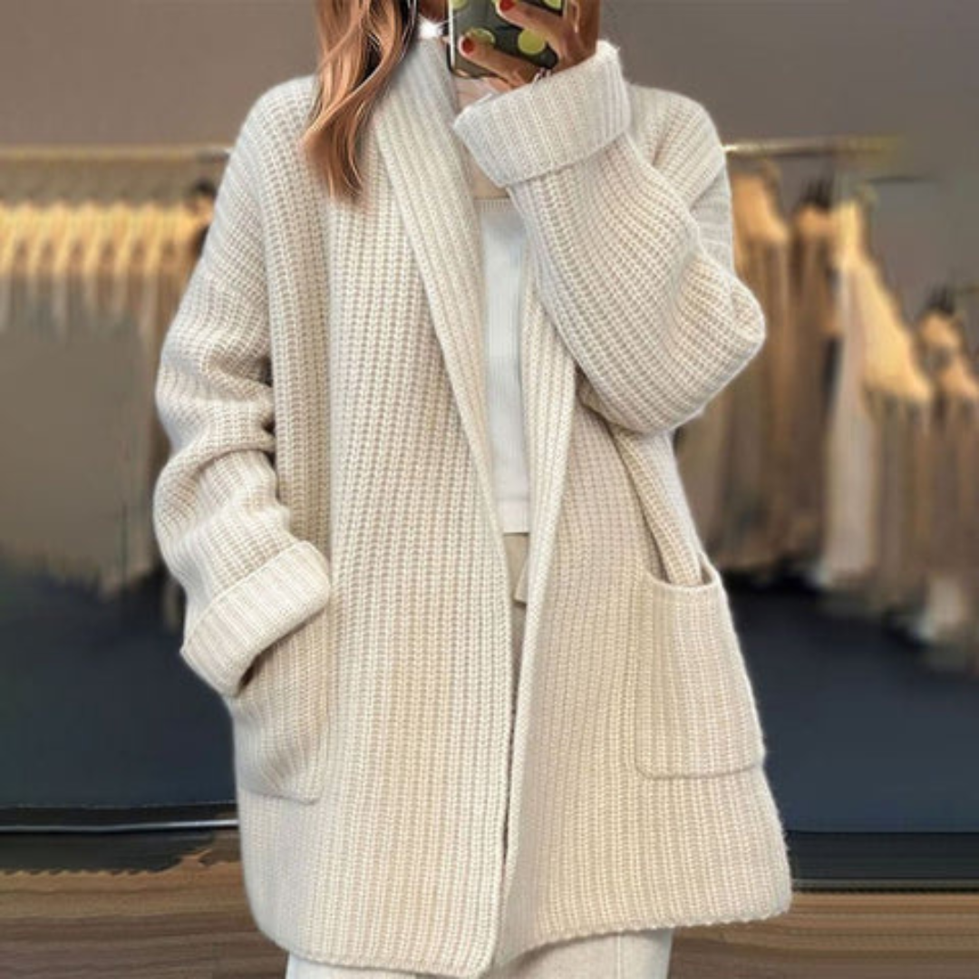 Chunky Knit Collared Pocket Oversized Open Front Cardigan