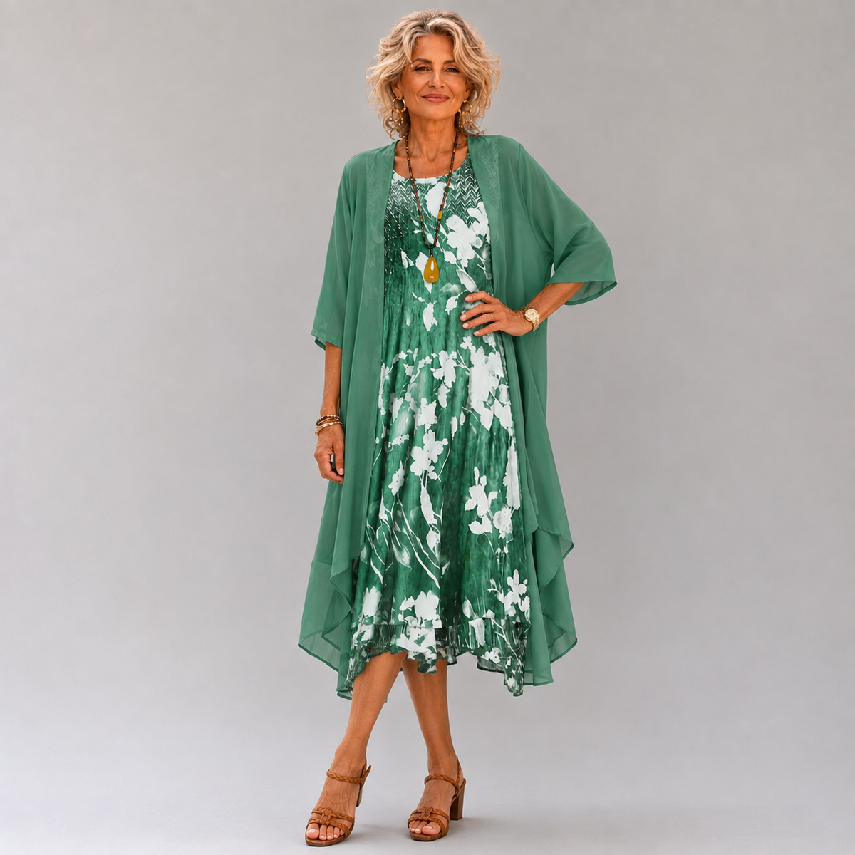 Floral Print Sleeveless Dress and Open Front Duster Two Piece Set 3