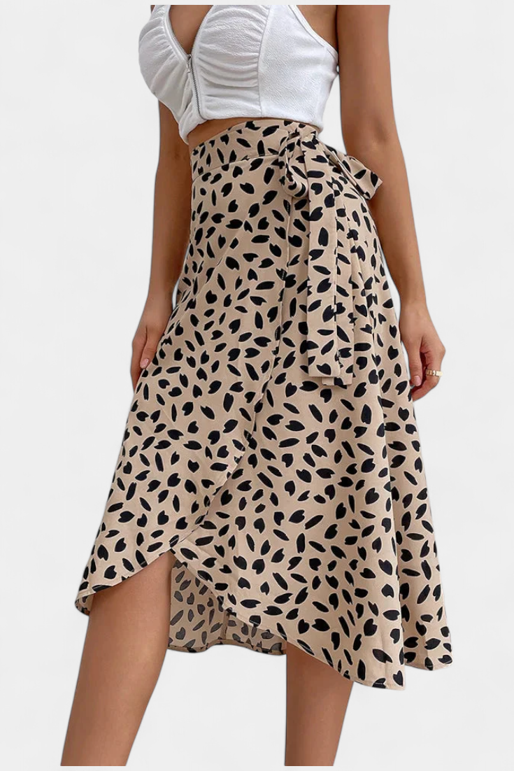 Animal Print Tie Waist Wrap High Low Midi Skirt