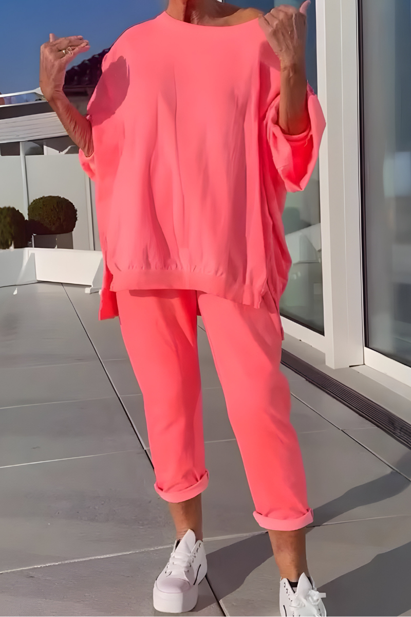 Oversized Round Neck Top and Pants Two Piece Set