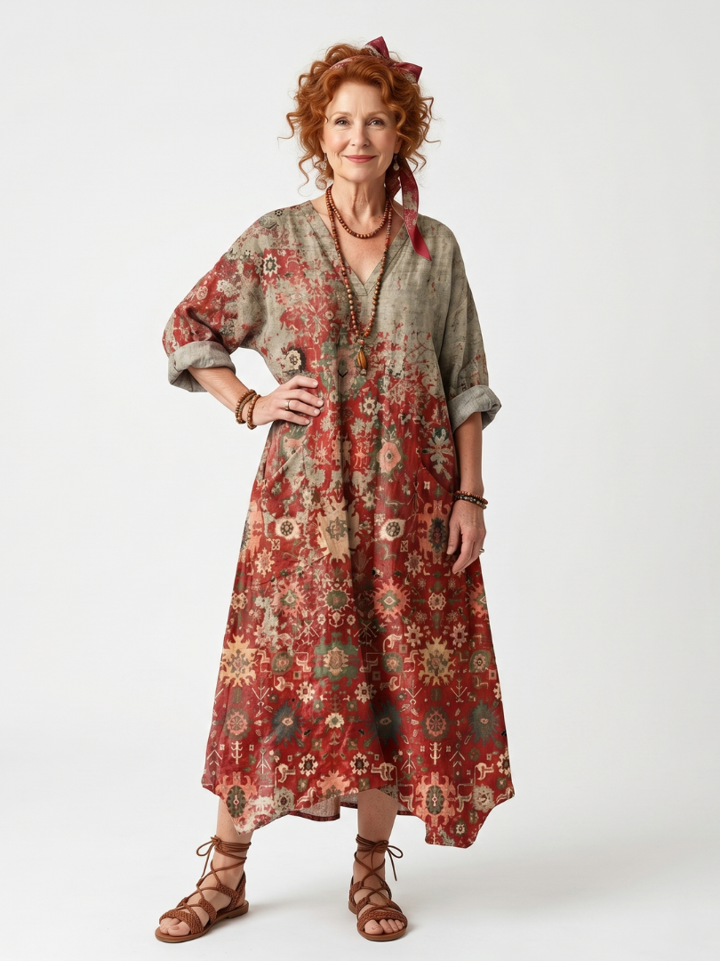 Mixed Print V-Neck Roll Sleeve Relaxed Midi Dress