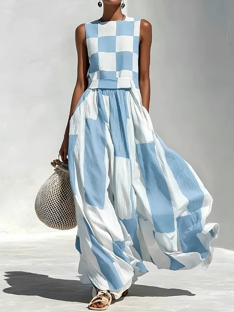 Checkerboard Stripe Panelled Sleeveless Maxi Dress 6