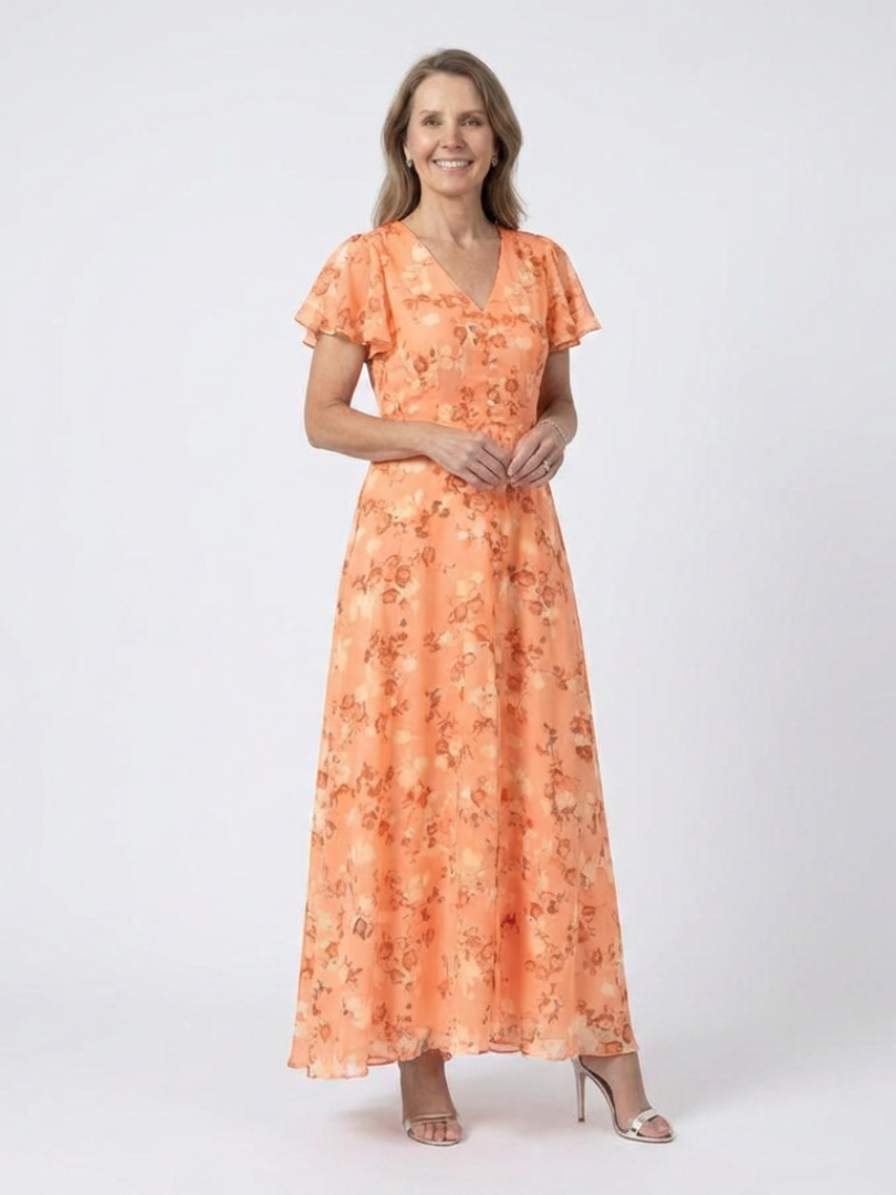 Floral V-Neck Flutter Sleeve A-Line Maxi Dress