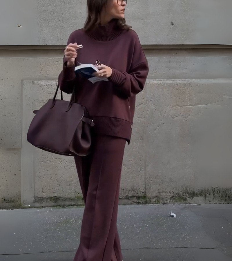 Drop Shoulder Knit Top and Wide Leg Pants Two Piece Set 3
