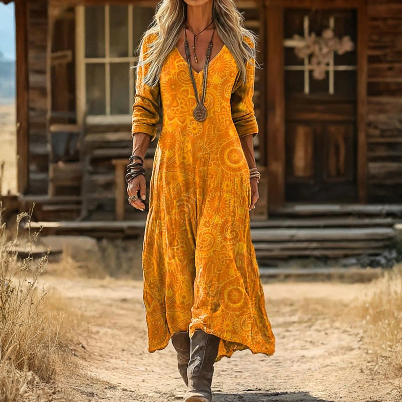 Paisley Print V-Neck Long Sleeve Maxi Dress
