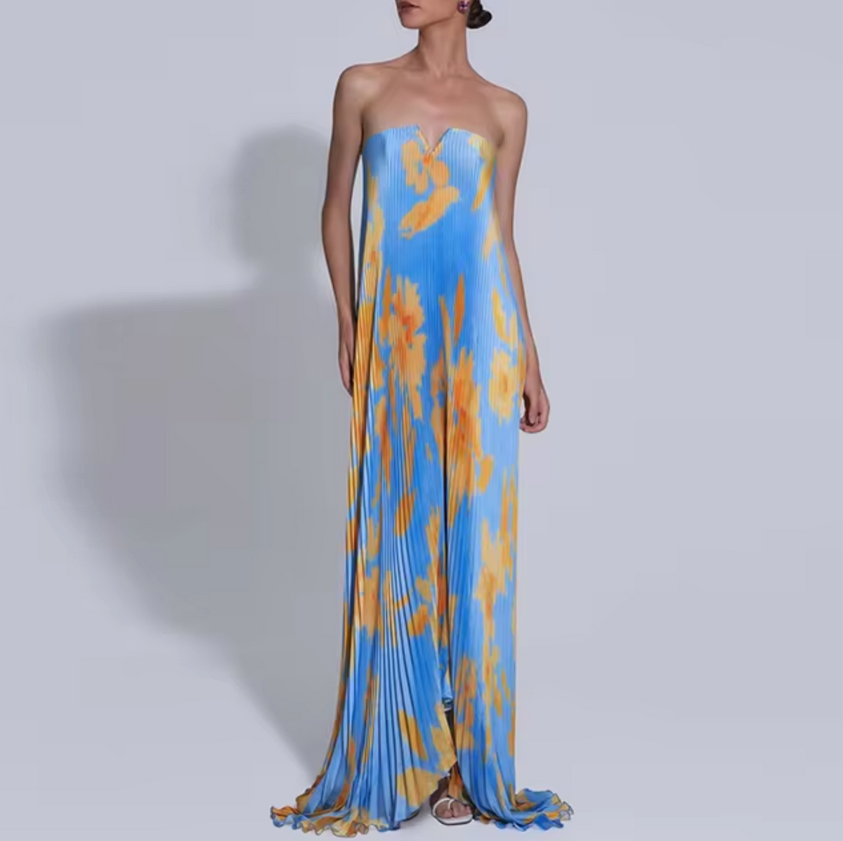 Strapless Floral Pleated A-Line Maxi Dress