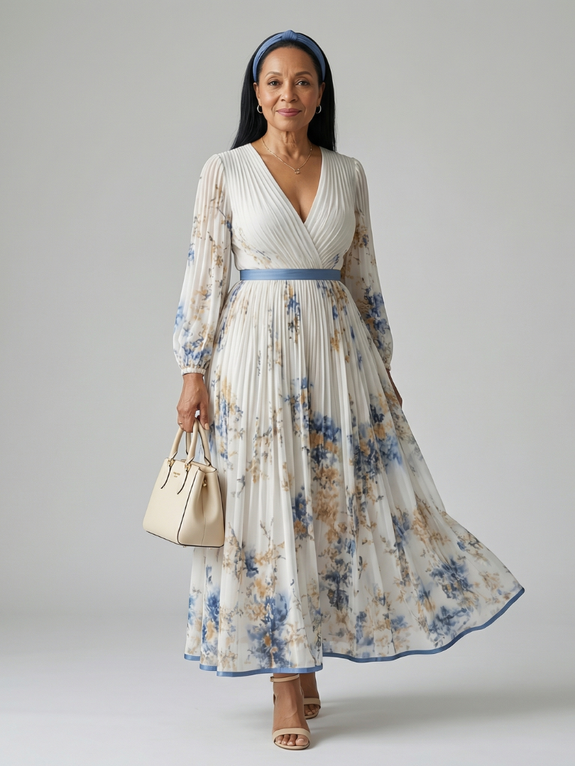 Floral V-Neck Long Sleeve Pleated Belted Maxi Dress