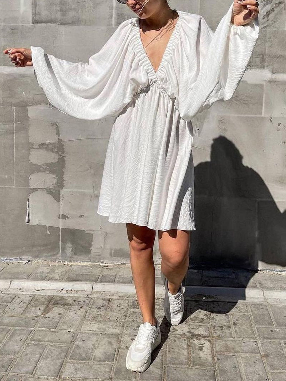 Deep V-Neck Balloon Sleeve Ruched Babydoll Mini Dress 9