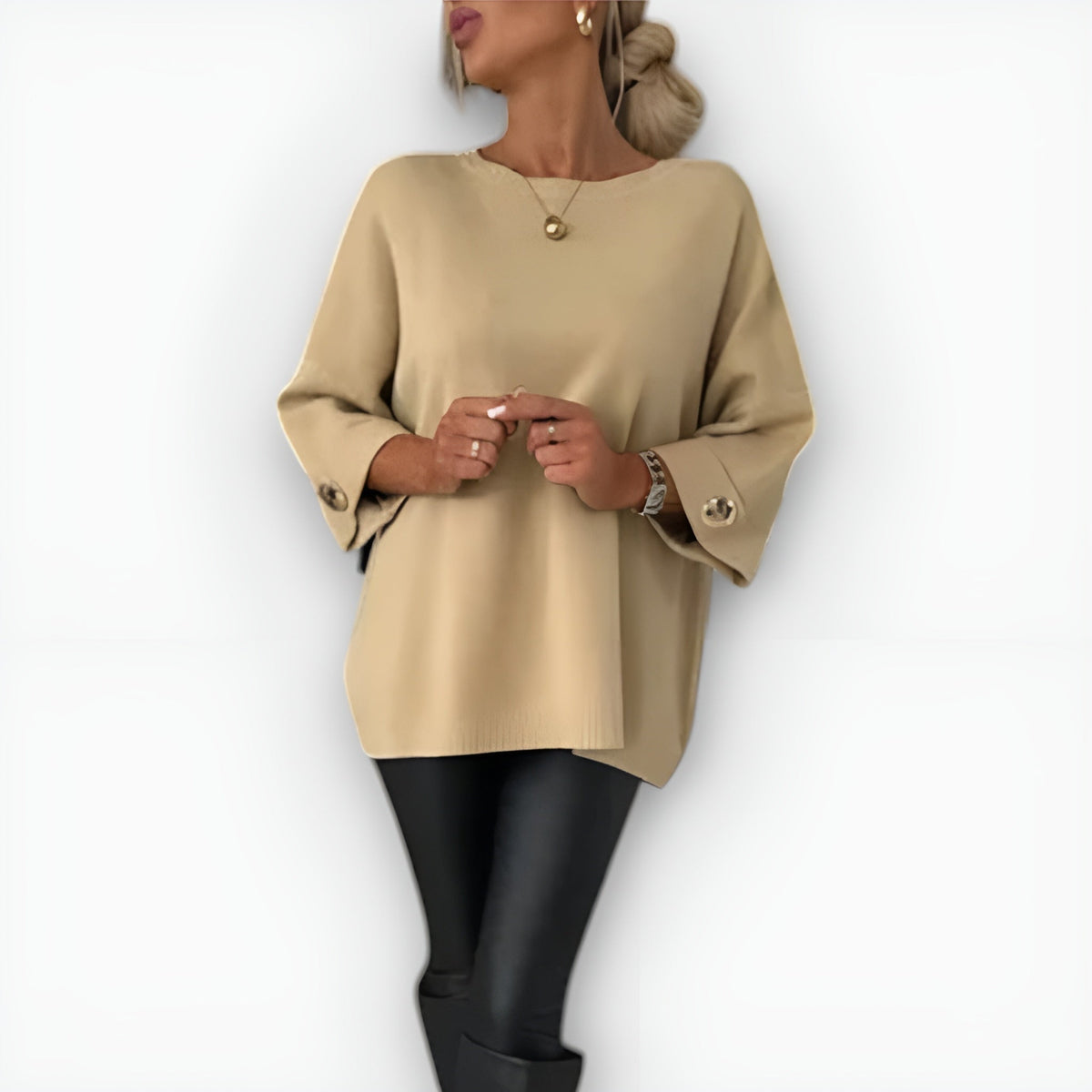 Round Neck Button Tab Sleeve Side Slit Oversized Sweater 4
