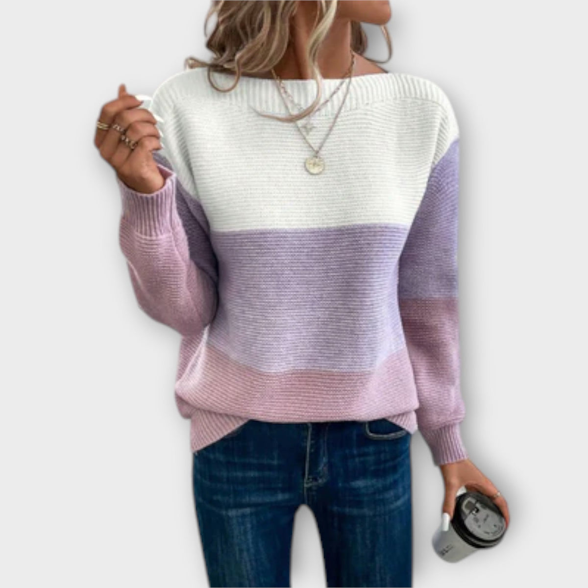 Boat Neck Long Sleeve Color Block Knit Sweater 3