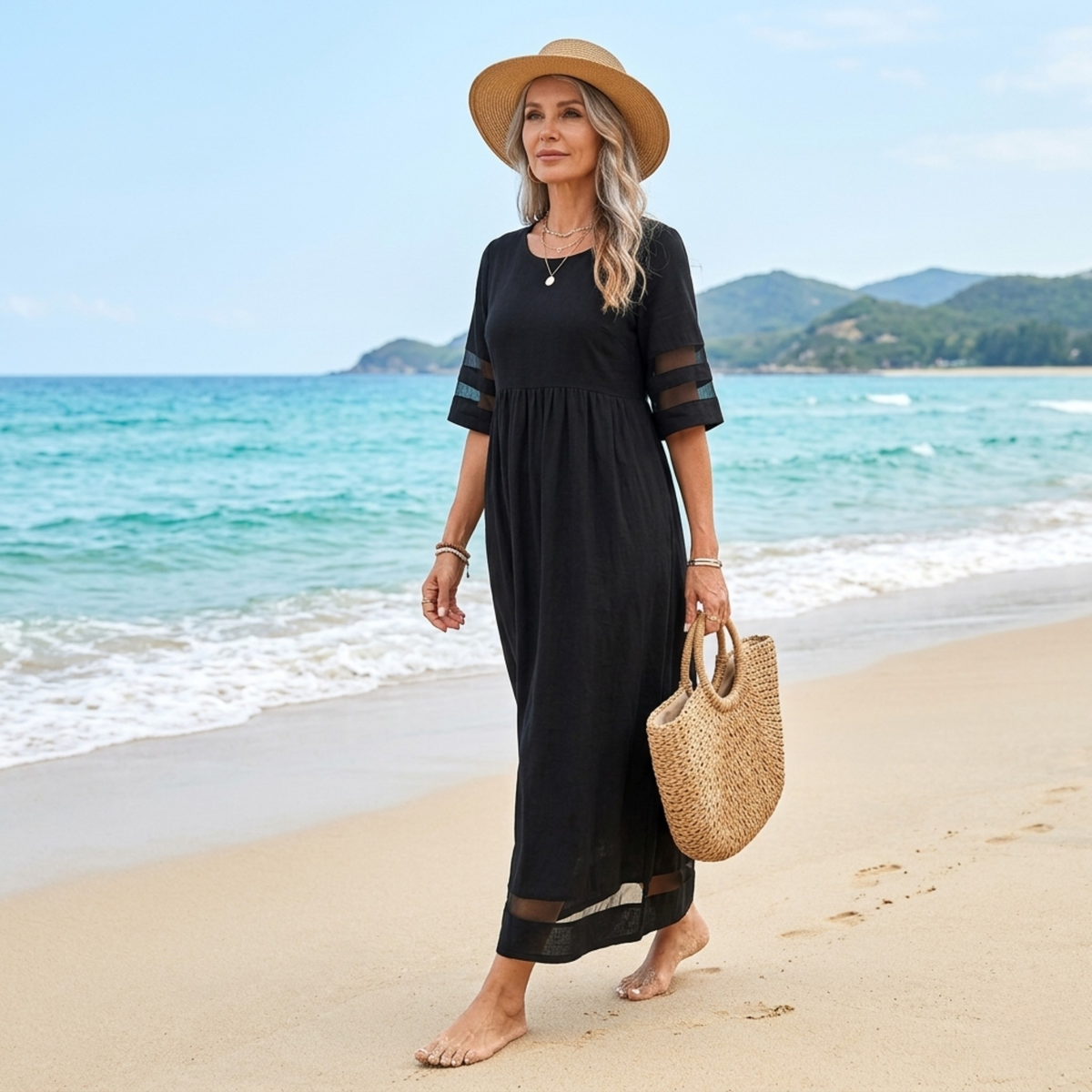Round Neck Mesh Insert Half Sleeve Maxi Dress