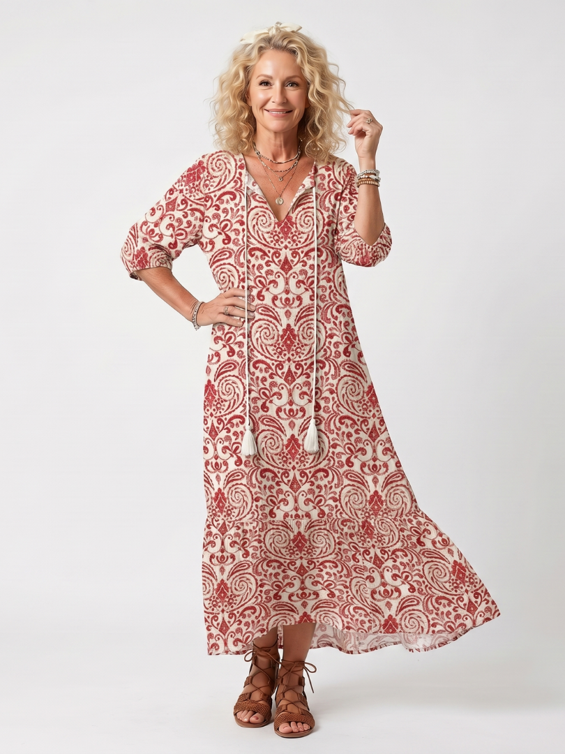 Ornate Print Tassel Tie Neck Long Sleeve Tiered Maxi Dress