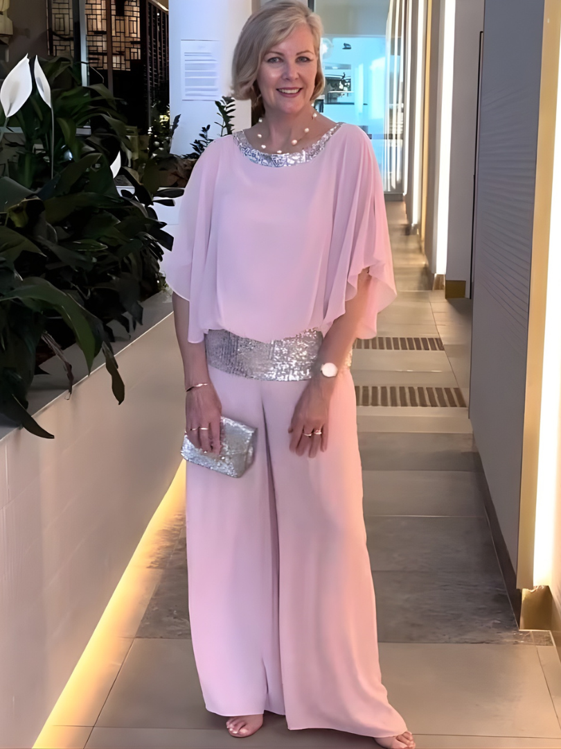Sequin Trim Cape Sleeve Top and Wide Leg Pants Two Piece Set