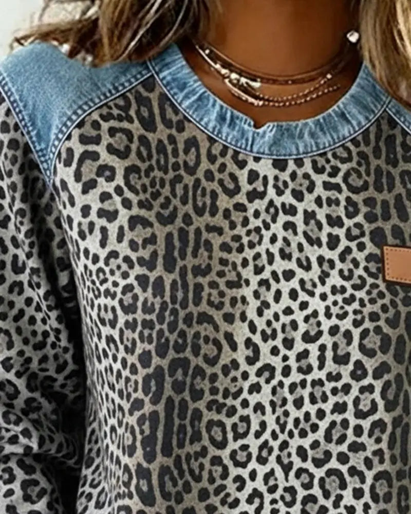 Leopard Print Denim Look Contrast Crew Neck Sweatshirt 10
