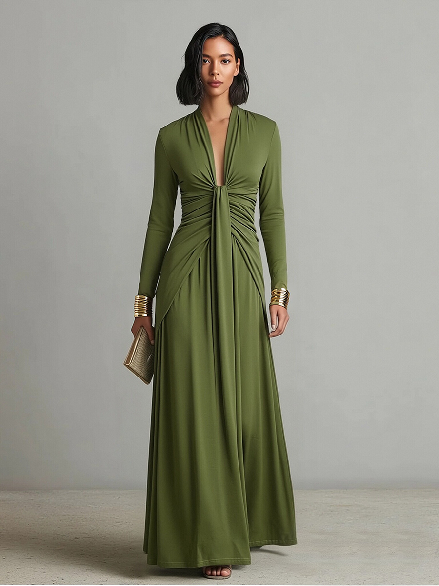 Deep V-Neck Long Sleeve Twist Front Maxi Dress 6