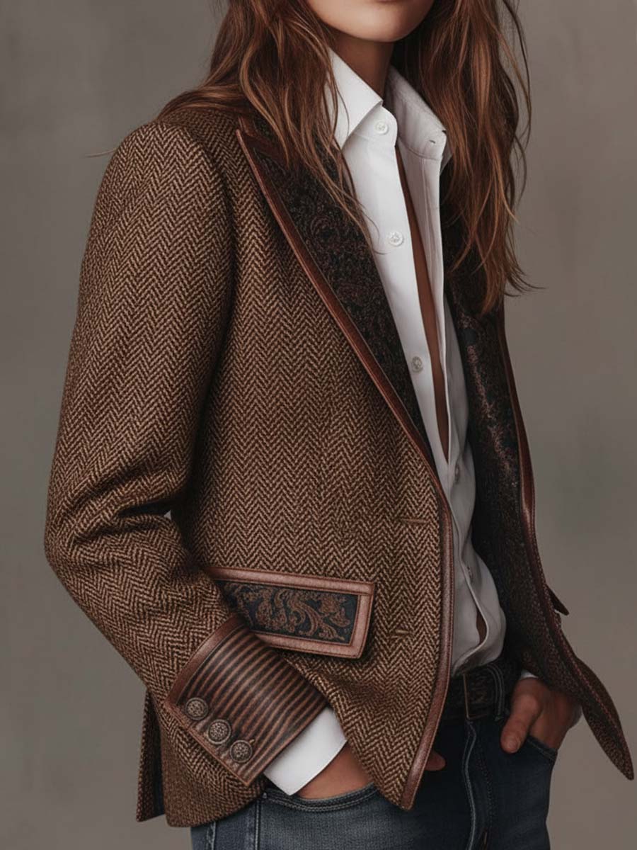 Herringbone Paisley Panel Faux Leather Trim Blazer 9