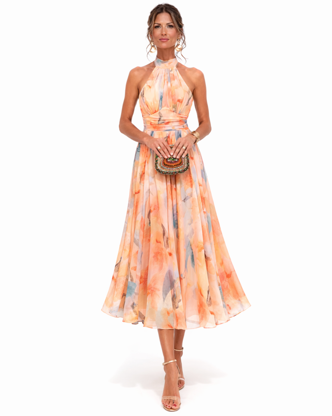 Watercolor Print Halter Neck Fit and Flare Midi Dress 3