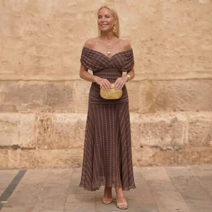 Off Shoulder Ruched Dot Print Maxi Dress