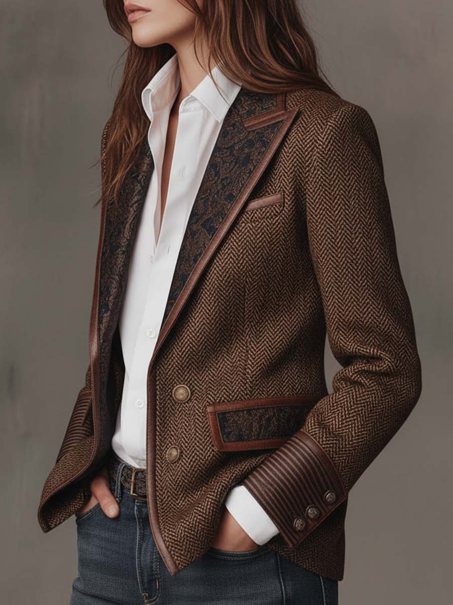 Herringbone Paisley Panel Faux Leather Trim Blazer 10