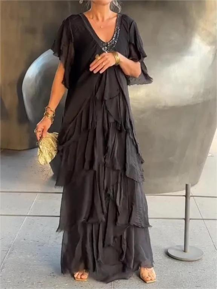 V-Neck Flutter Sleeve Tiered Ruffle Maxi Dress 12