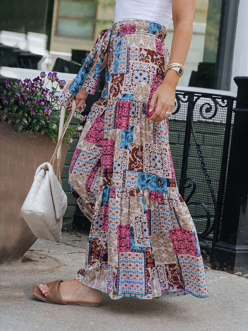 Patchwork Print Tie Waist Tiered Maxi Skirt 3