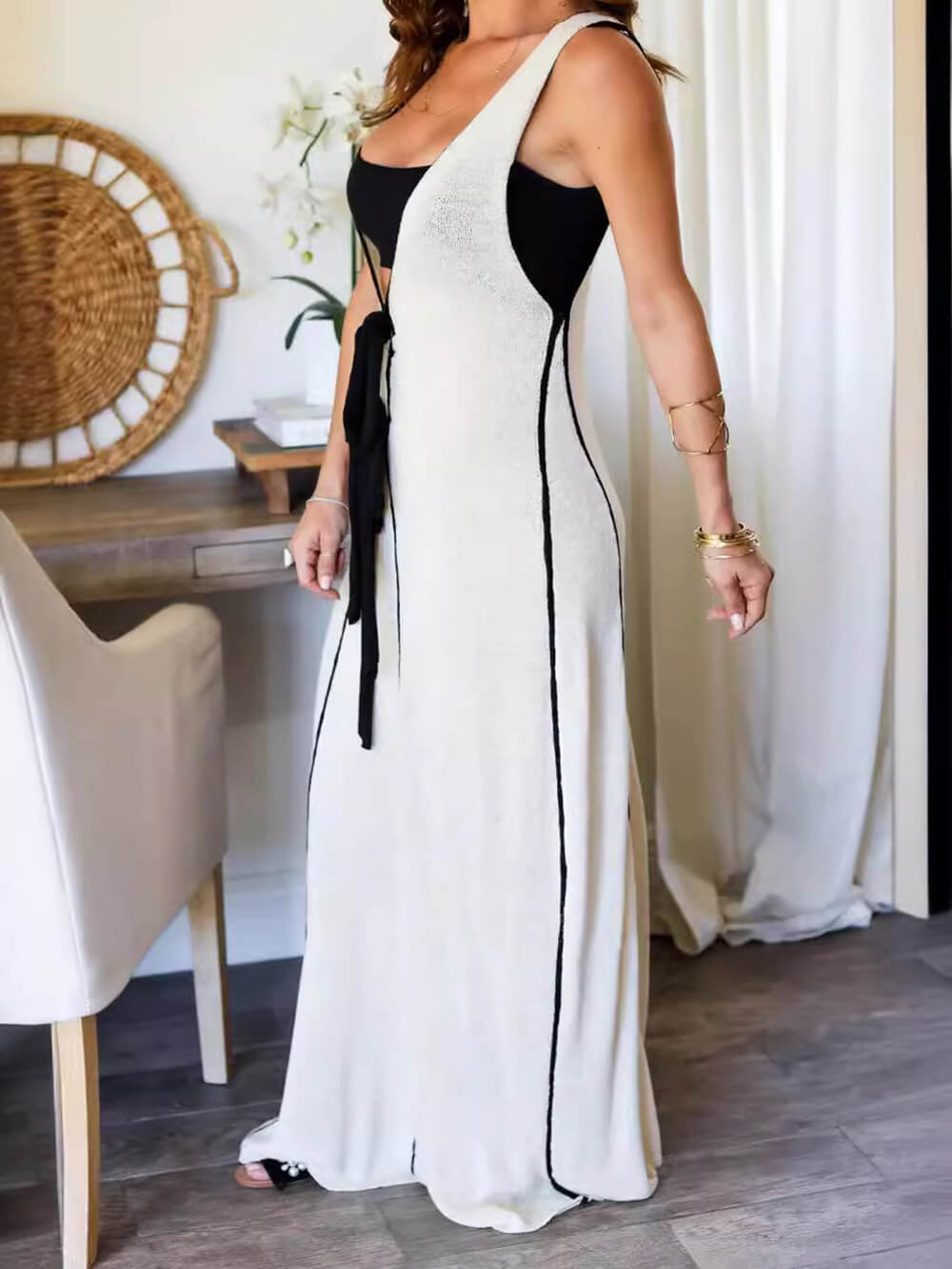 Contrast Color Self-Tie Charming Flowy Oversized Maxi