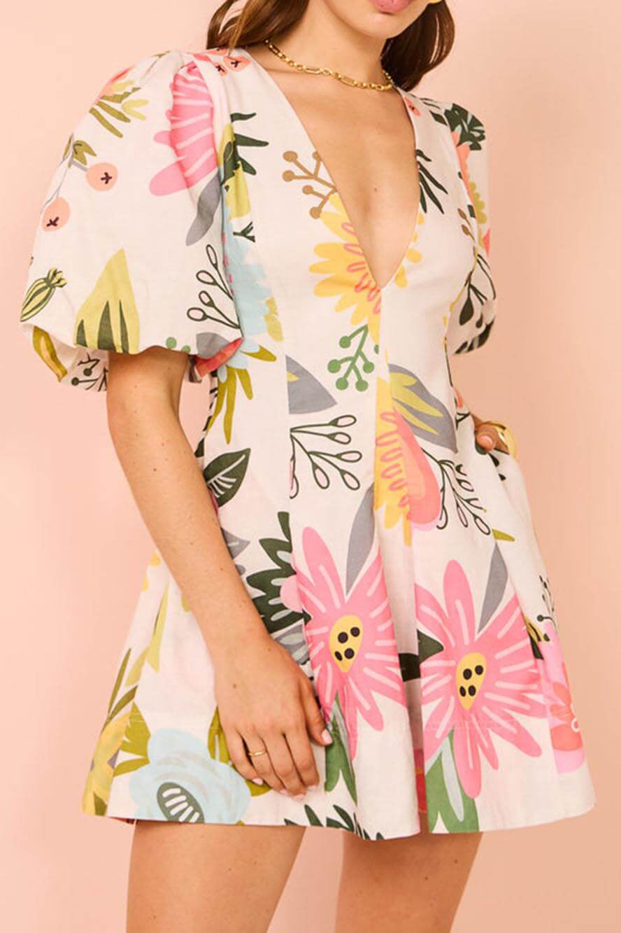 Floral Deep V-Neck Puff Sleeve Fit and Flare Mini Dress