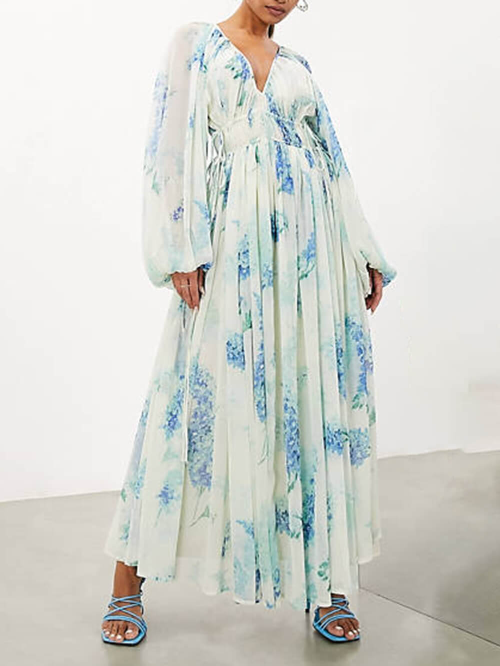 Ocean Flower Chiffon Floral Drawstring Waist Maxi Dress - View 4